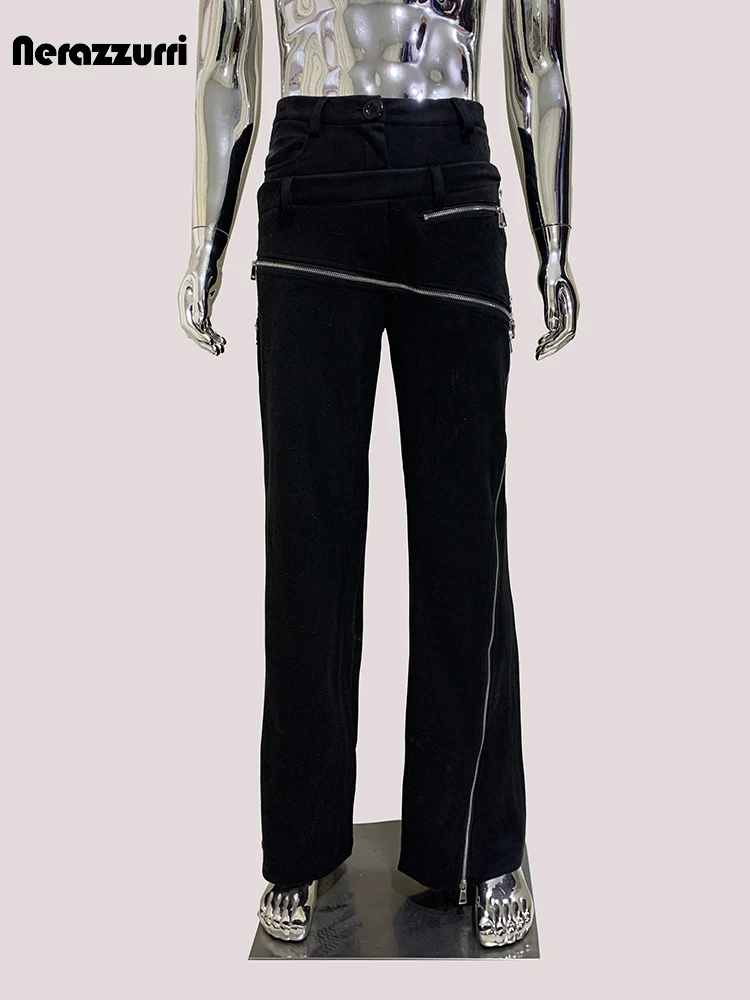 Mauroicardi Autumn Flowy Soft Matte Black Faux Suede Leather Pants for Men with Many Zippers Runway Fashion European Emo Clothes