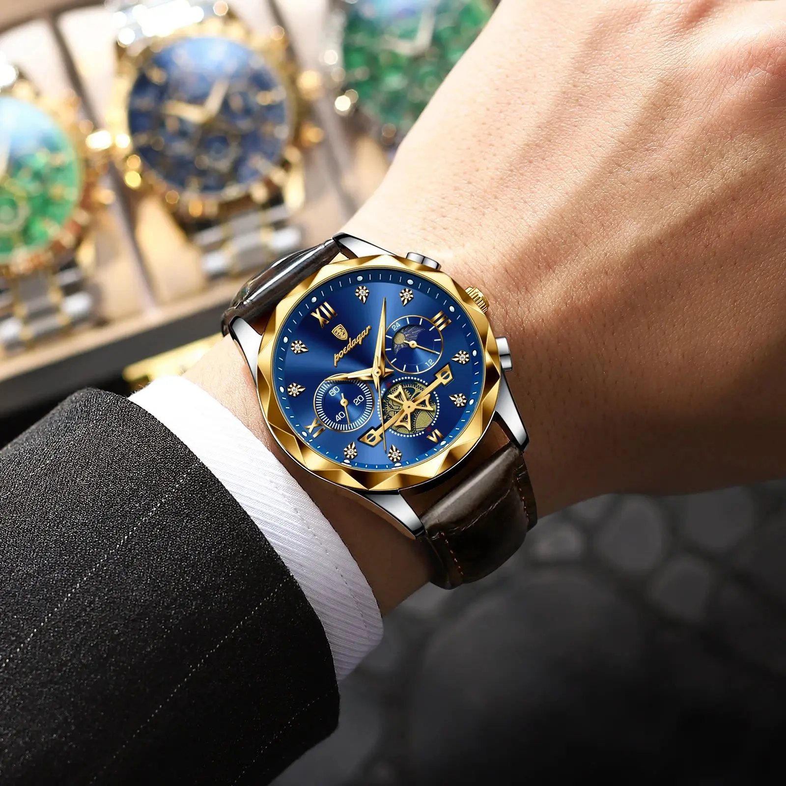 POEDAGAR Luxury Watches For Men Leather Chronograph Man Watch Waterproof Luminous Military Fashion Men's Quartz Wristwatch Reloj image 4