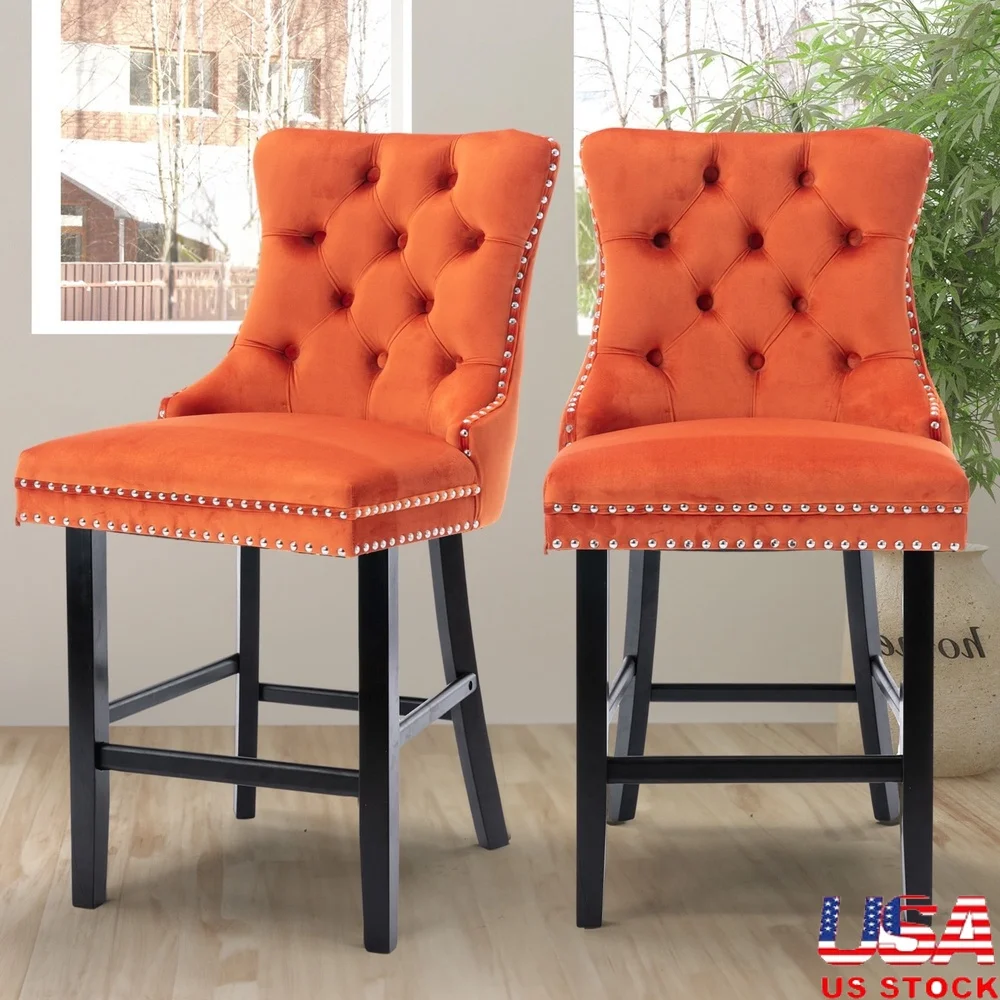 Upholstered Bar Stools Set of 2 Velvet Counter Height Chairs with Backrest Footrest Kitchen Dining Room Indoor Use