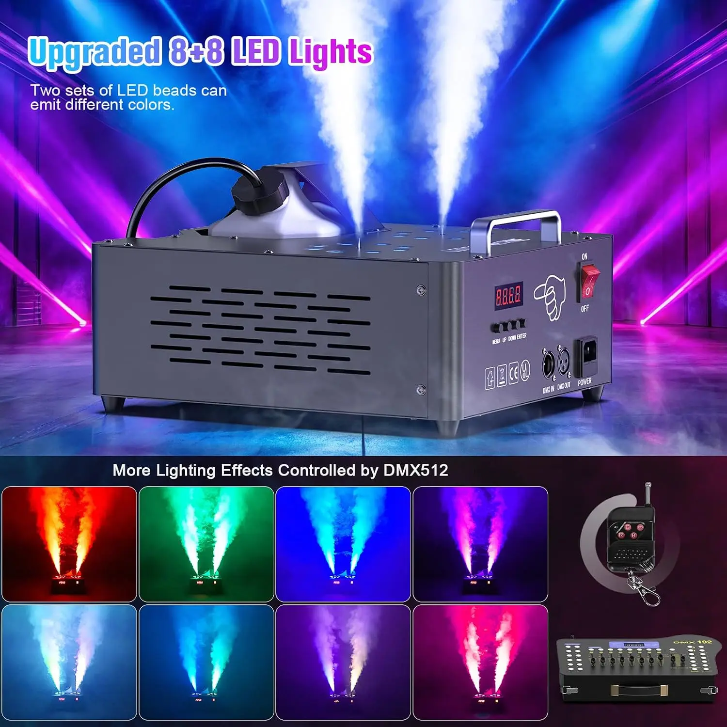 2000W Fog Machine Dual Nozzle 16 RGB LED DMX Control Adjustable Smoke Direction 25L Tank LCD Display 30000CFM Halloween Christma