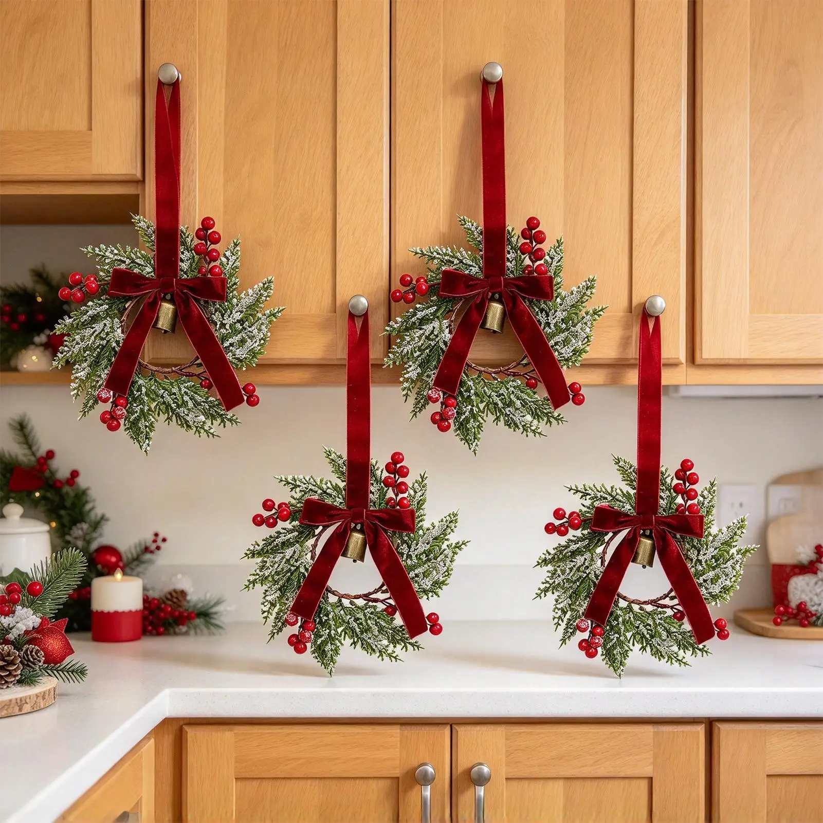 Mini Christmas Wreaths 4-Piece Holiday Decorative Garland Christmas Mini Cabinet Wreaths For Winter Fall Valentine Kitchen Door