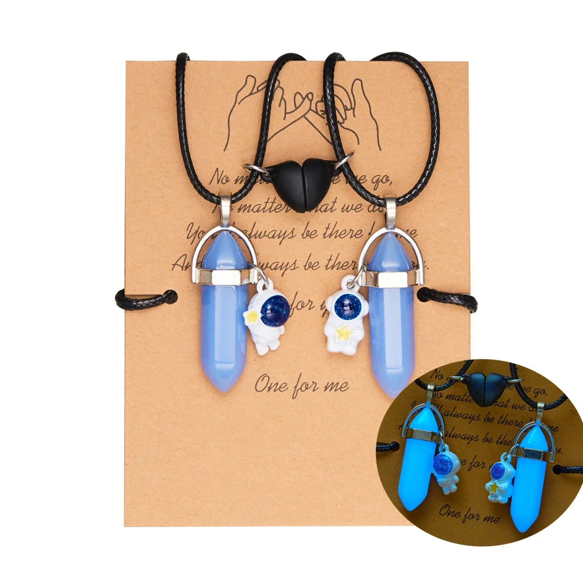 2 unids/set luminoso Hexagonal magnético corazón astronauta pareja collar para Mujeres Hombres elegante piedra Natural espaciador gargantilla joyería