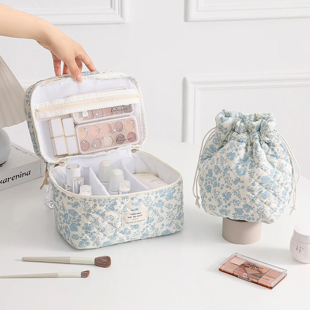 Women's Cosmetic Bags Floral Patchwork Quilted High-End Waterproof Drawstring Pouch Portable Travel 2 Piece Makeup Handbags