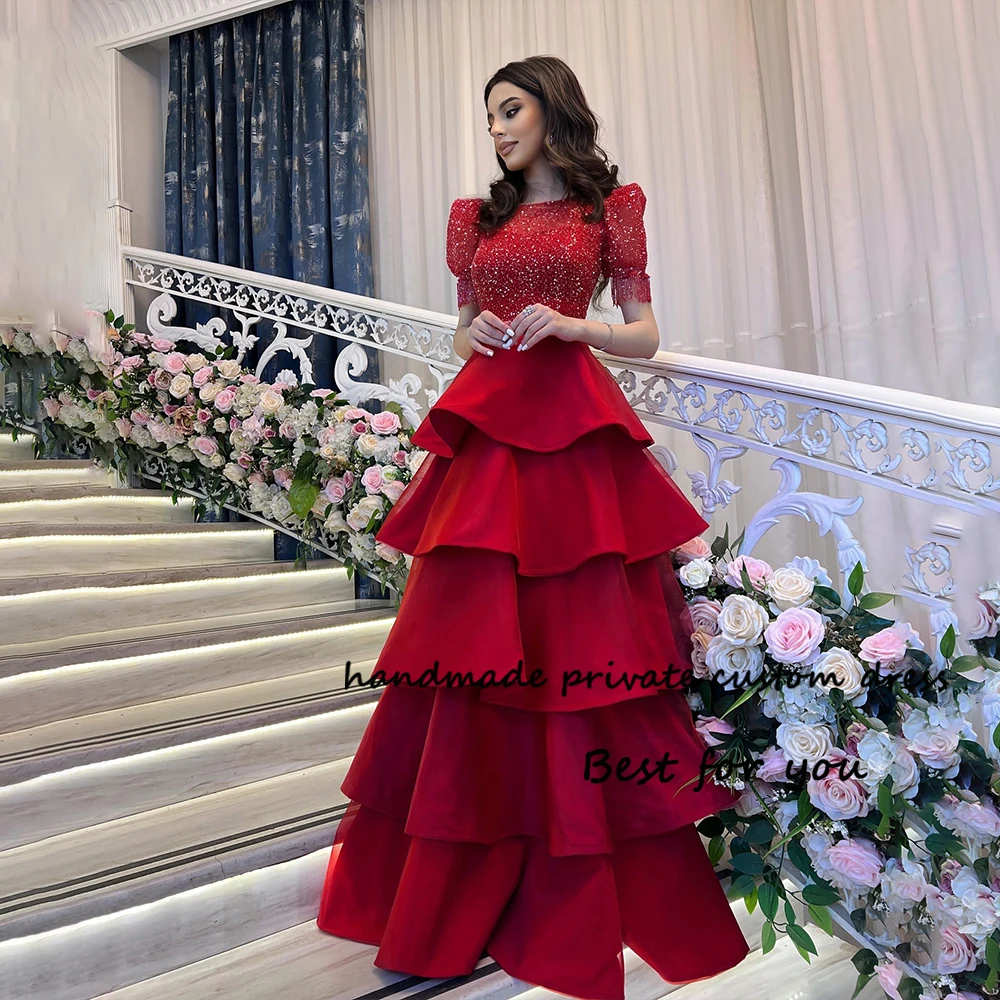 

Red Princess Evening Dresses Short Sleeve O Neck Arabian Dubai Prom Dress Sequin Satin Long Celebrate Event Gowns