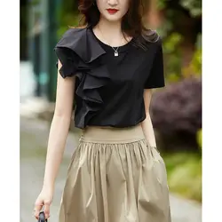 Fashion O-Neck Spliced Asymmetrical Hollow Out Ruffles Blouse Female Clothing 2023 Summer New Casual Pullovers Office Lady Shirt