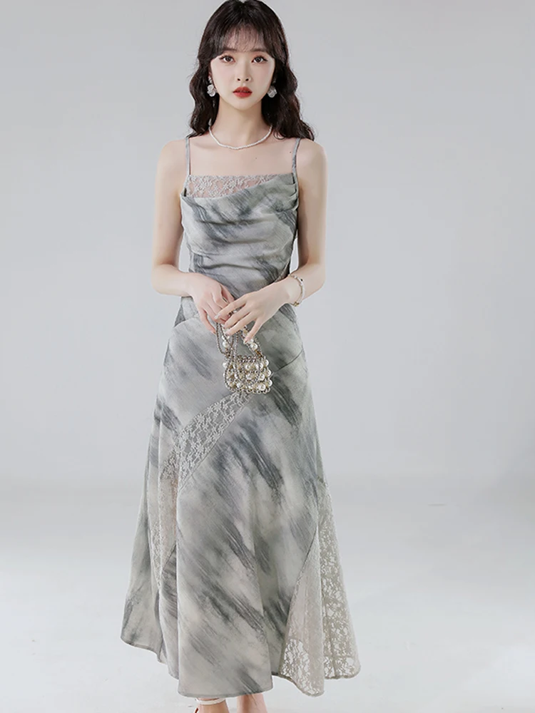 2025 Stampa Patchwork Pizzo Sexy Sling Abito lungo Donna Vintage Luxury Dance Party Dress Estate Coreano Aderente Festival Abito da ballo