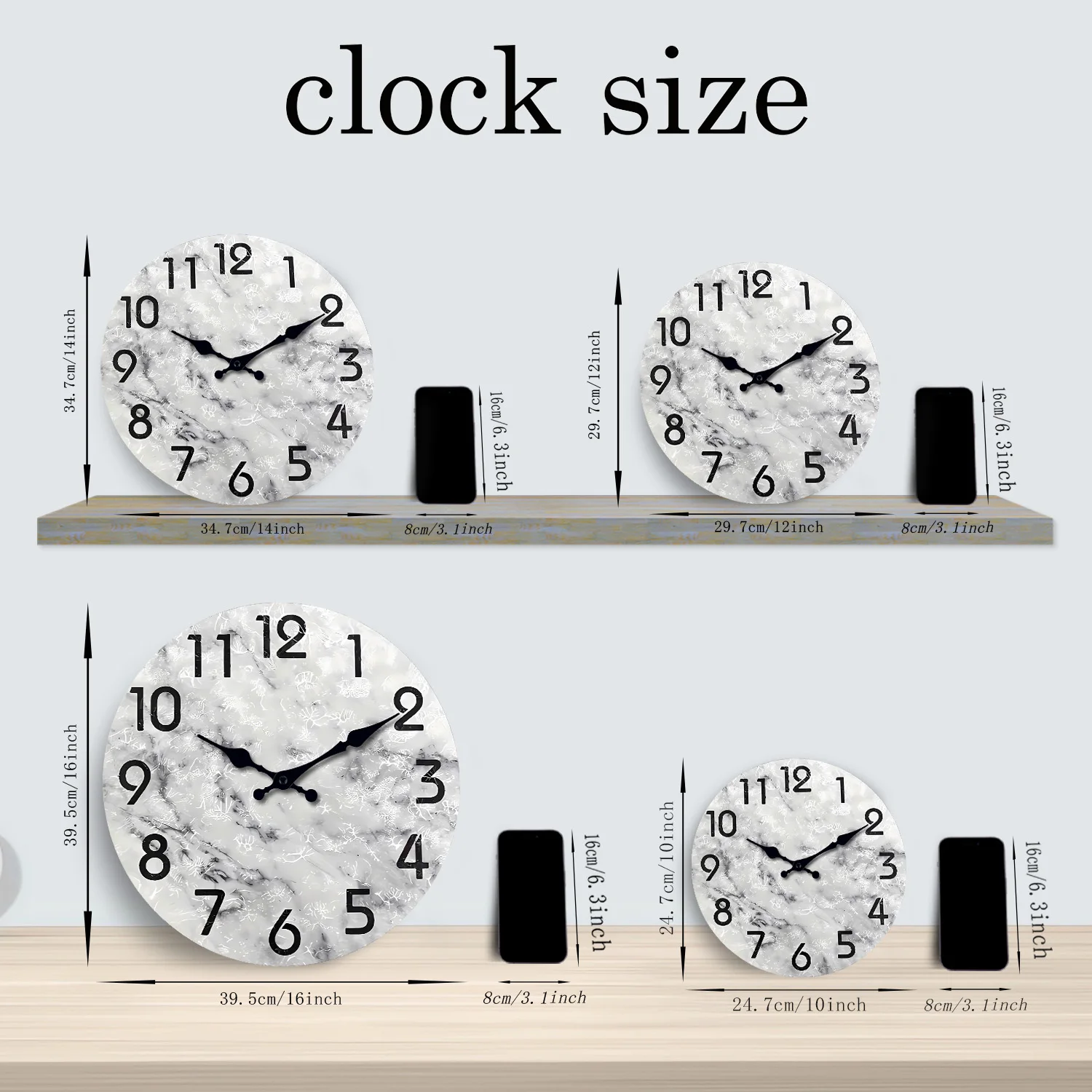 Modern Gray and Black Marble Oil Painting Pattern Wooden Wall Clock for Living Room, Bedroom, Kitchen, Home Decoration, Silent Quartz Clock, Holiday