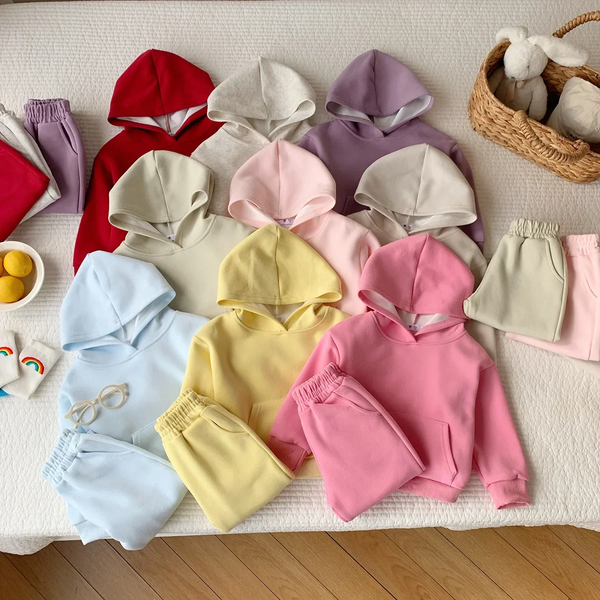 Girls 2-Piece Hoodie Set with Sweatpants Solid Color Long Sleeve Pullover Tracksuit Kids Casual School Sportswear Fall Outfit