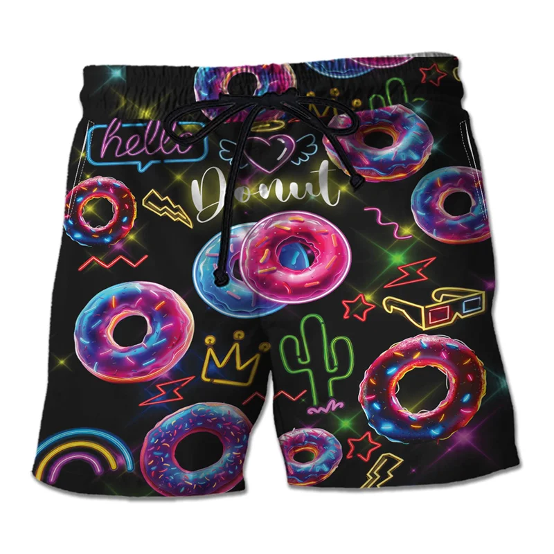 3D Printed Donut Cake Short Pants For Men Cute Doughnut Dessert Pattern Swim Trunks Hawaiian Casual Street Surfing Beach Shorts