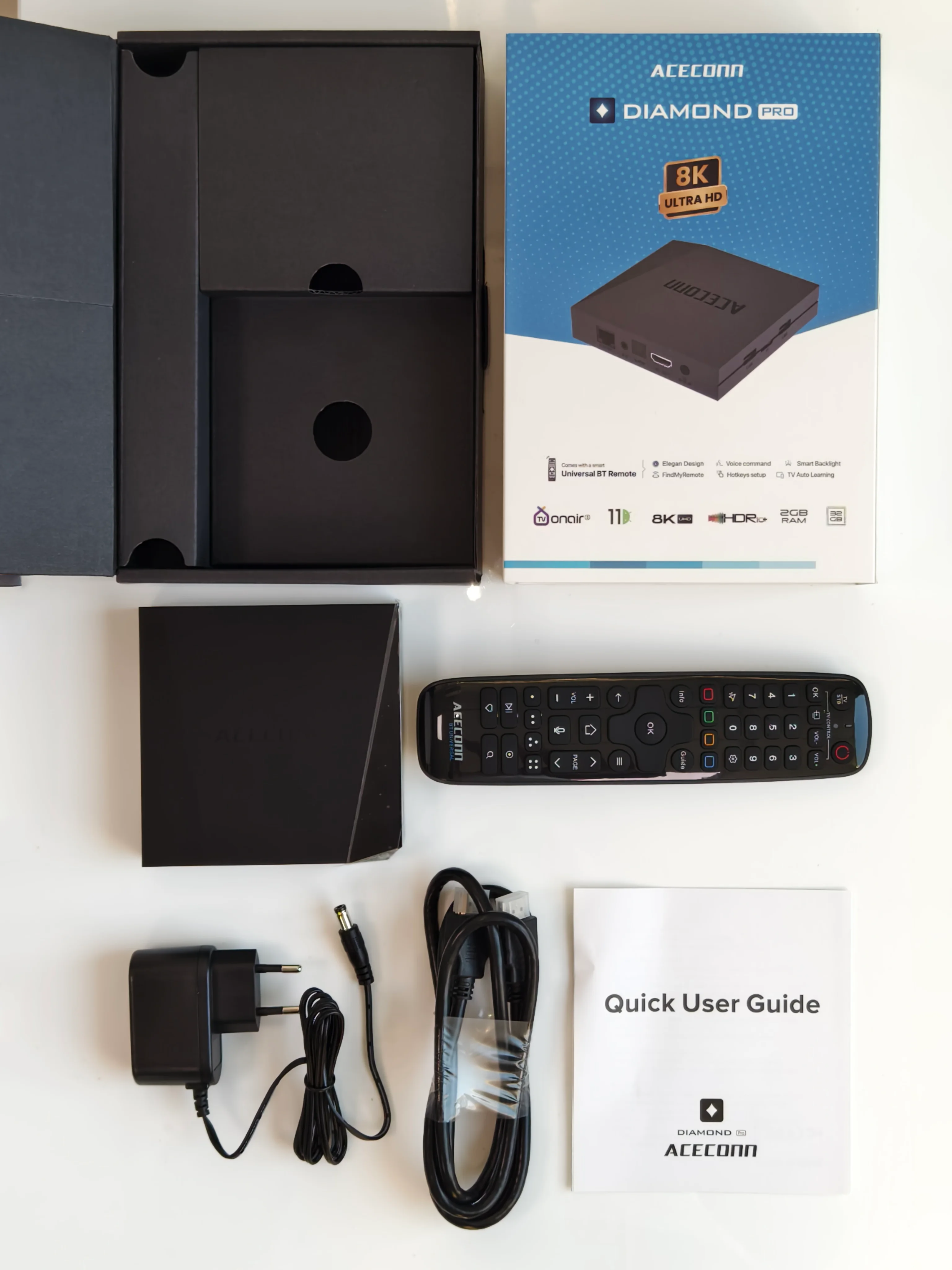 ACECONN Diamond Pro streaming Android cajas iptv 4K 8K TVONAIR3 2G 32GB WiFi6 Gigabit BT soporte voz remota retroiluminación TV Box