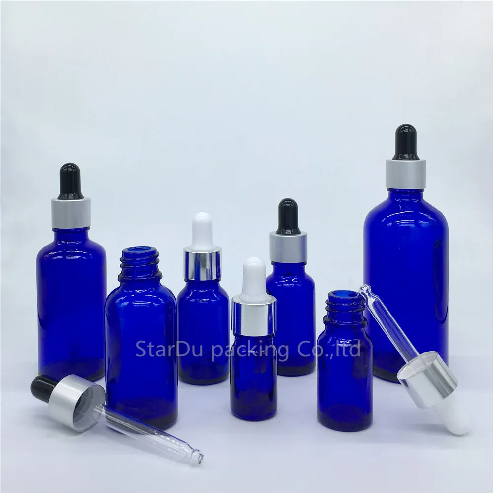 5 ml-100 ml Blauwe Glazen Fles Met Druppelaar Essentiële Olie Fles, hoge Kwaliteit Parfumflesje 100 stks/partij