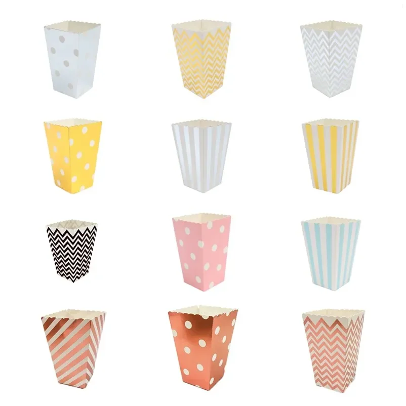 

WALMD 6pcs Popcorn Box Colorful Chevron Stripes Dot Gold Gift Box Party Favour Wedding Pop Corn Kid Party Decoration Bags Loot