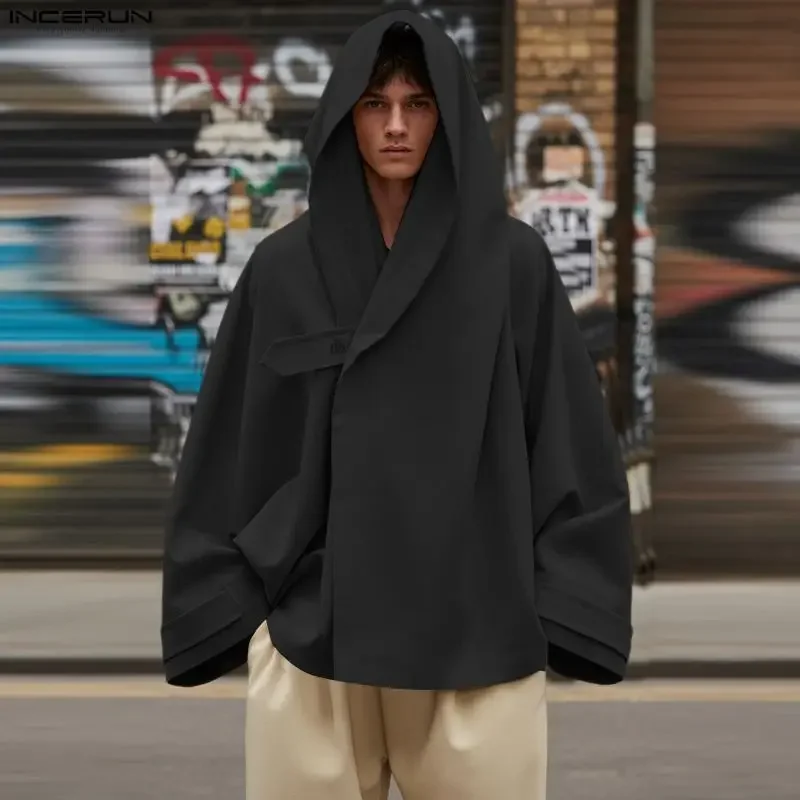 

INCERUN Men Shirt Solid Color Button Loose Long Sleeve Hooded Men Clothing Camisas Streetwear Oversize Fashion Casual Male Tops