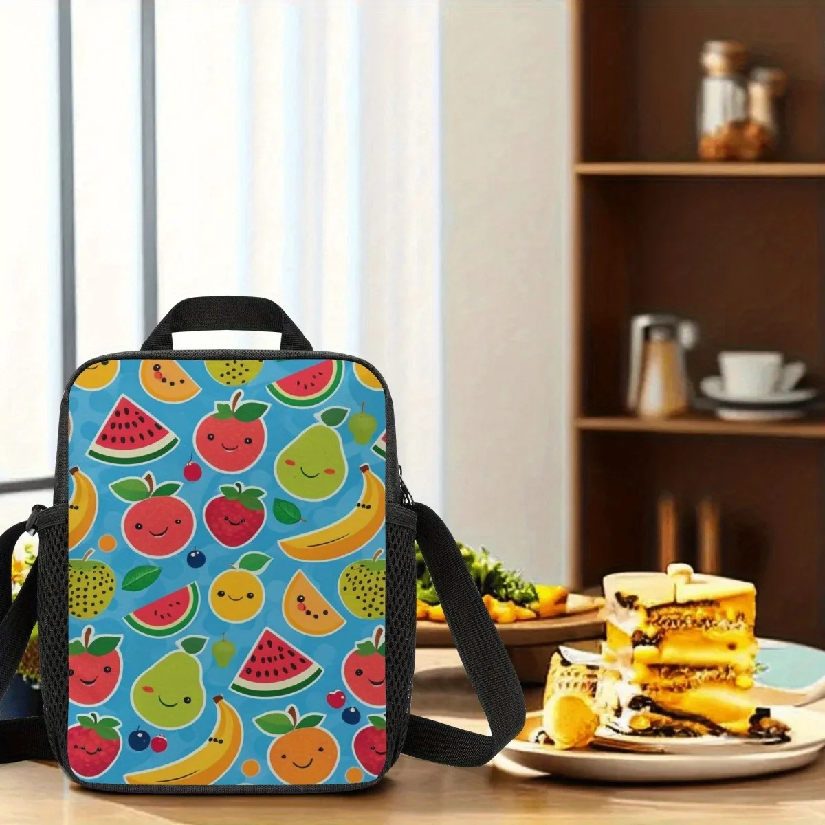 Reusable Lunch Bag, Happy Yummy Fruit Insulation Lunch Bag, Portable Cooler Thermal Lunch Box Tote Crossbody bags Outdoor