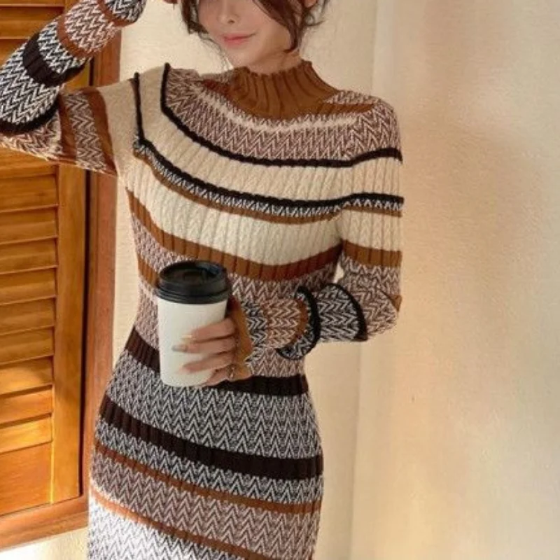 Women Autumn Winter New Half High Neck Knit Sweater Dress Fashion Gentle Style Retro Stripe Waist and Hips Long Sleeves Dress