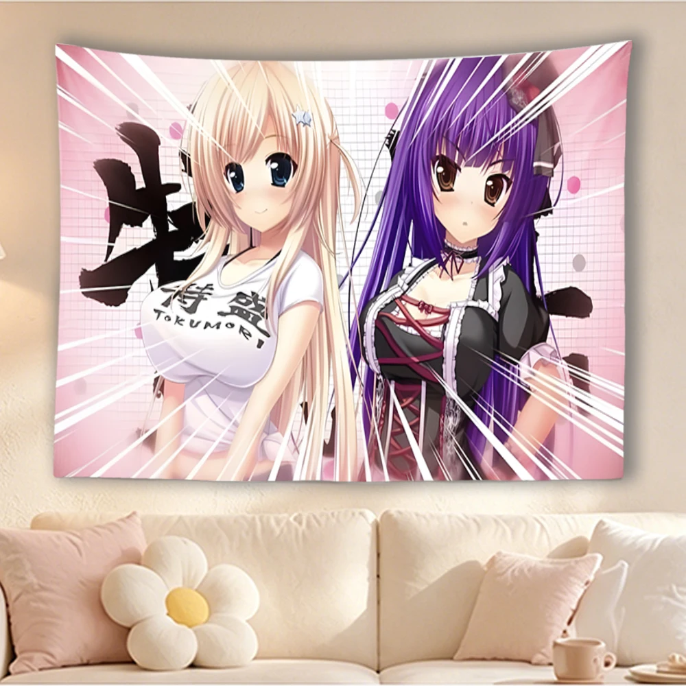 Blonde & Purple Hair Anime Girls Tapestry Two Maiden Portrait Pink Grid Background Wall Hanging Kawaii Otaku Bedroom Dorm Decor