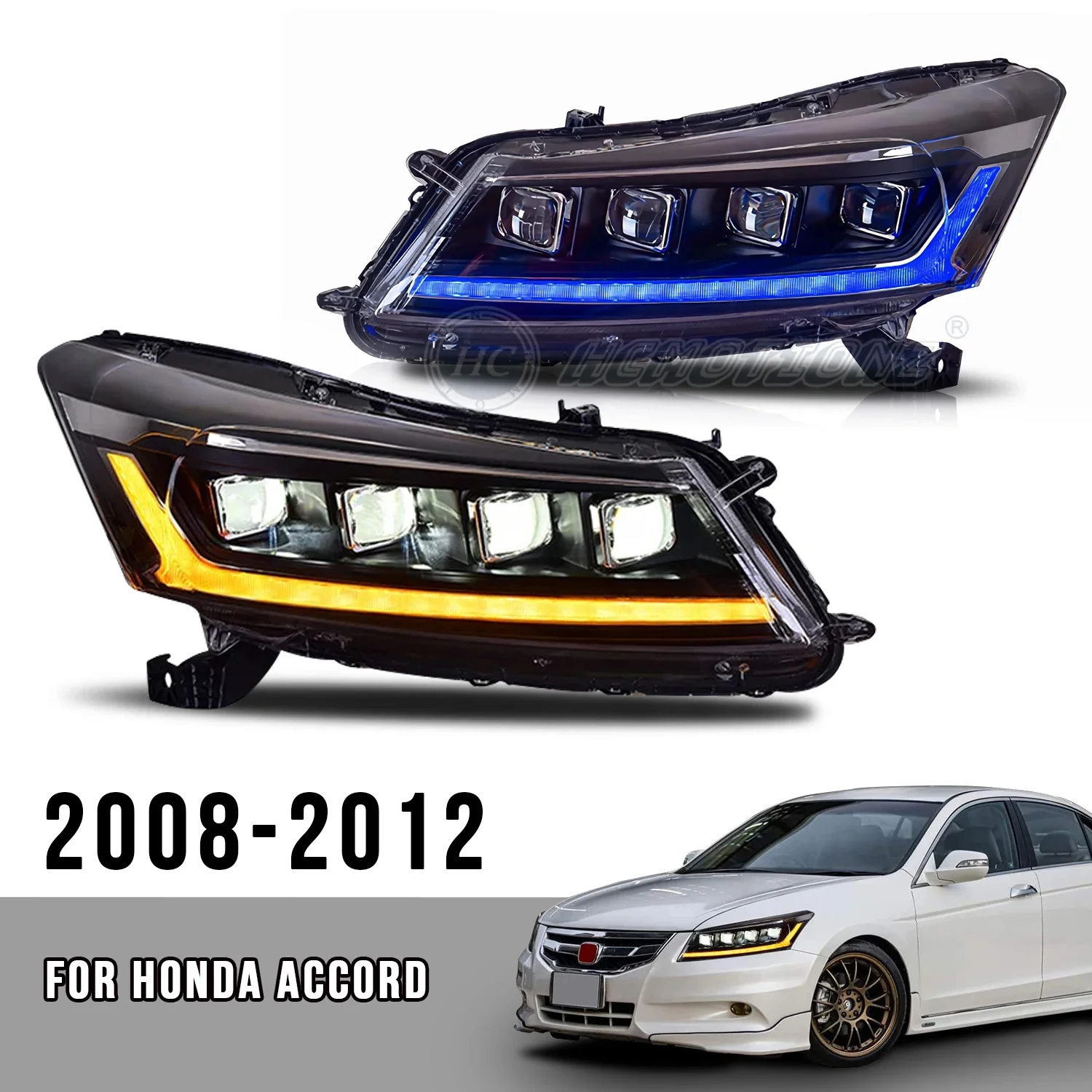 HCMOTIONZ Factory Wholesales Blue DRL HeadLamp Sedan 2008 2009 2010 2011 2012 2013 4 LED Headlights For Honda Accord