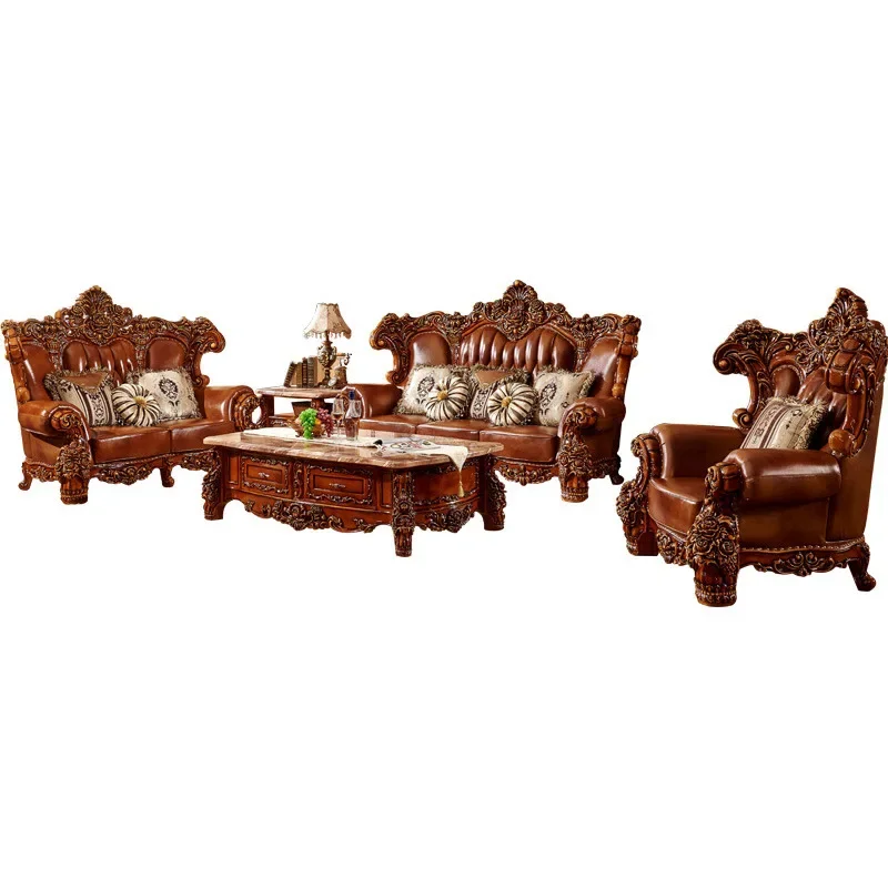 

European leather sofa living room first layer cowhide combination villa luxury solid wood carving flower French