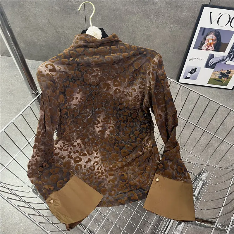 

New Autumn Style Small Stand Collar Flocking Leopard Pattern Flared Sleeves Slightly Transparent Hot Girl Style Shirt for Women