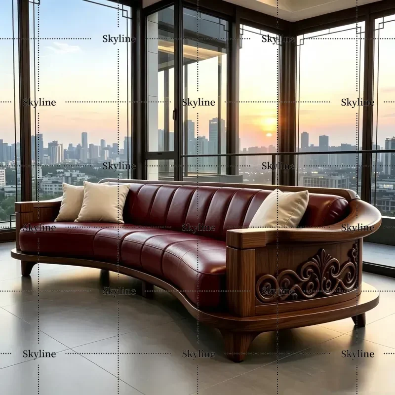New Chinese Curved Leather Sofa Solid Wood Carving Flower Living Room Retro Red Leather Art Black Walnut Sofa Combination