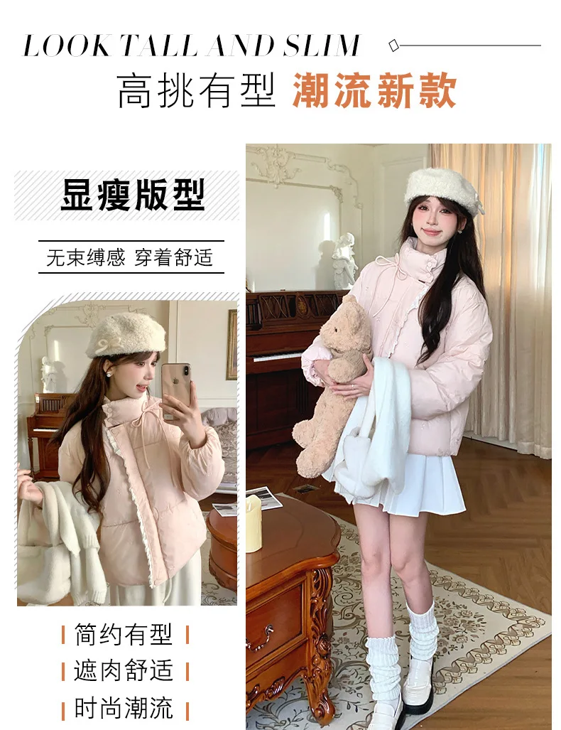 Sweet Pink Bow Stand Collar Puffer Jacket Women Korean Lace Spliced Thick Outerwear Students Winter Warm Cropped Cotton Jackets