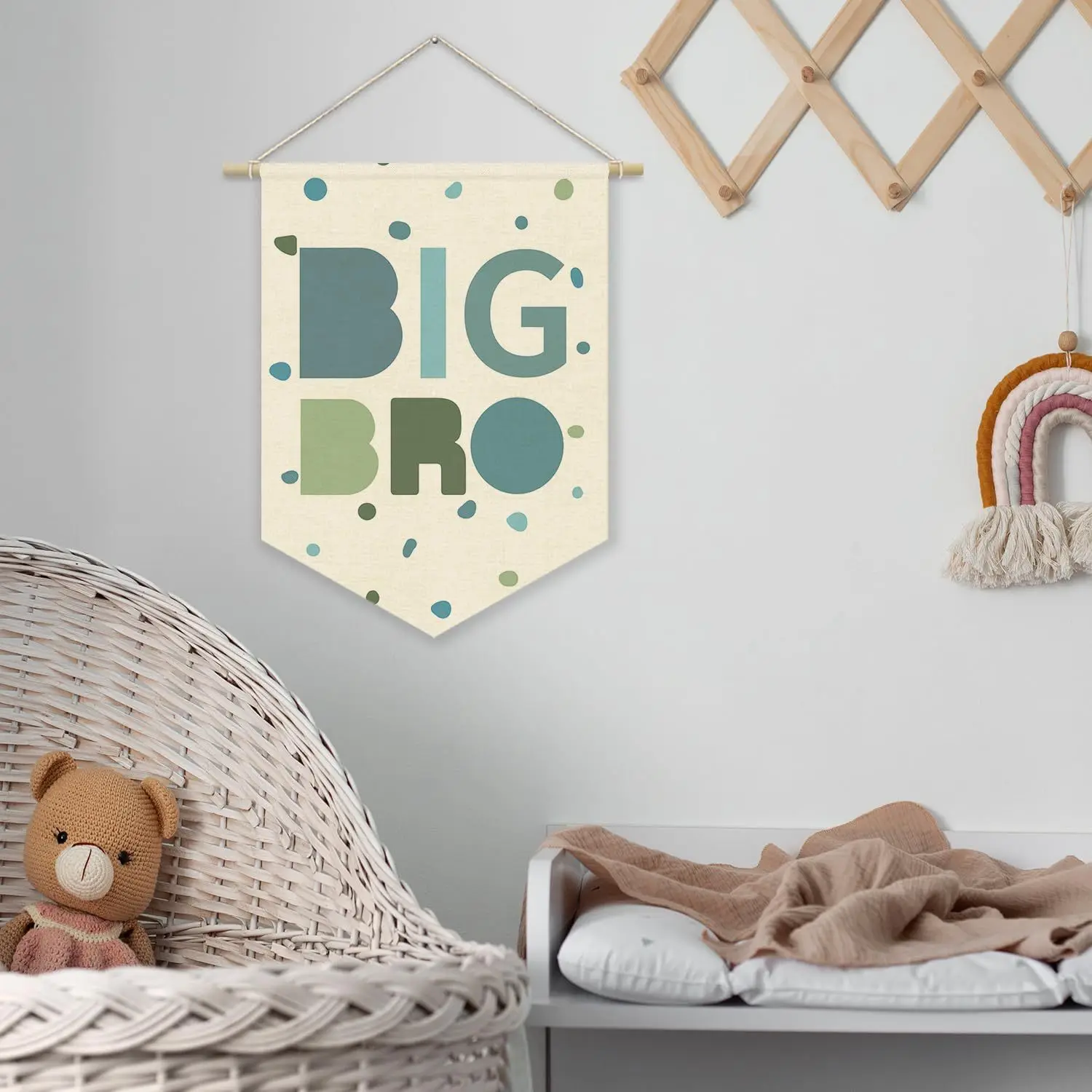 Nursery Decor Canvas Banner,Boy Bedroom Playroom Wall Art Decorations,Boho Twin Room Sign, Big Bro Lil Bro, Sage Green Blue Kids