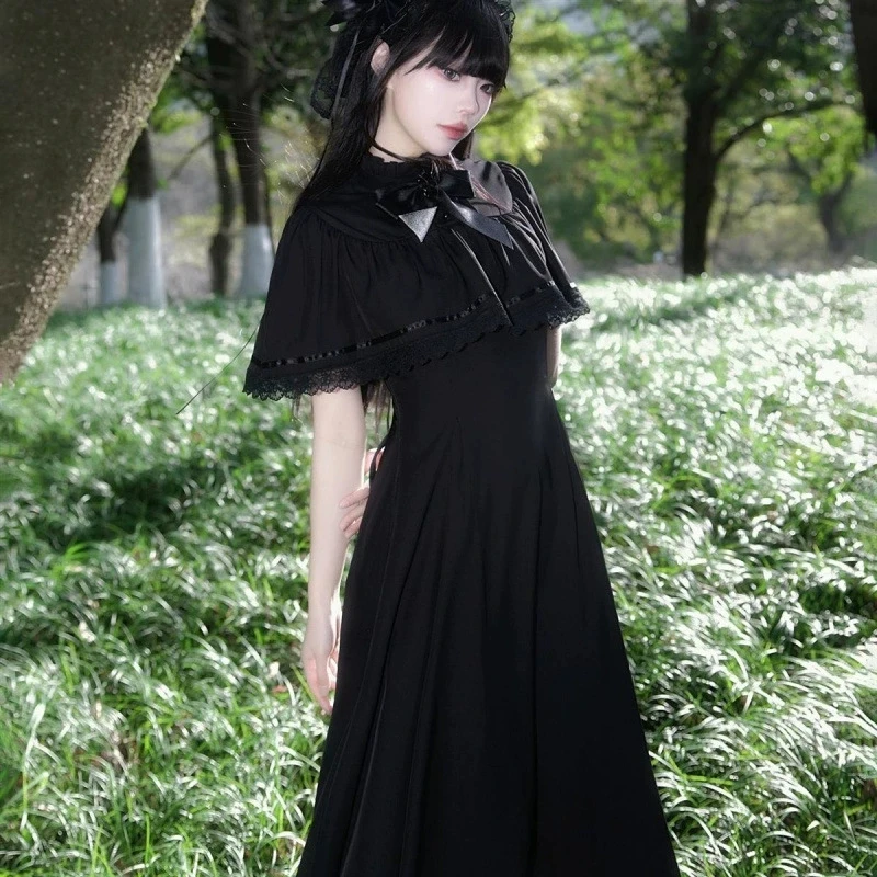 Abito francese elegante in pizzo a maniche lunghe da donna a vita alta sottile abito longuette vintage da ufficio abito gotico in un pezzo coreano Y2k
