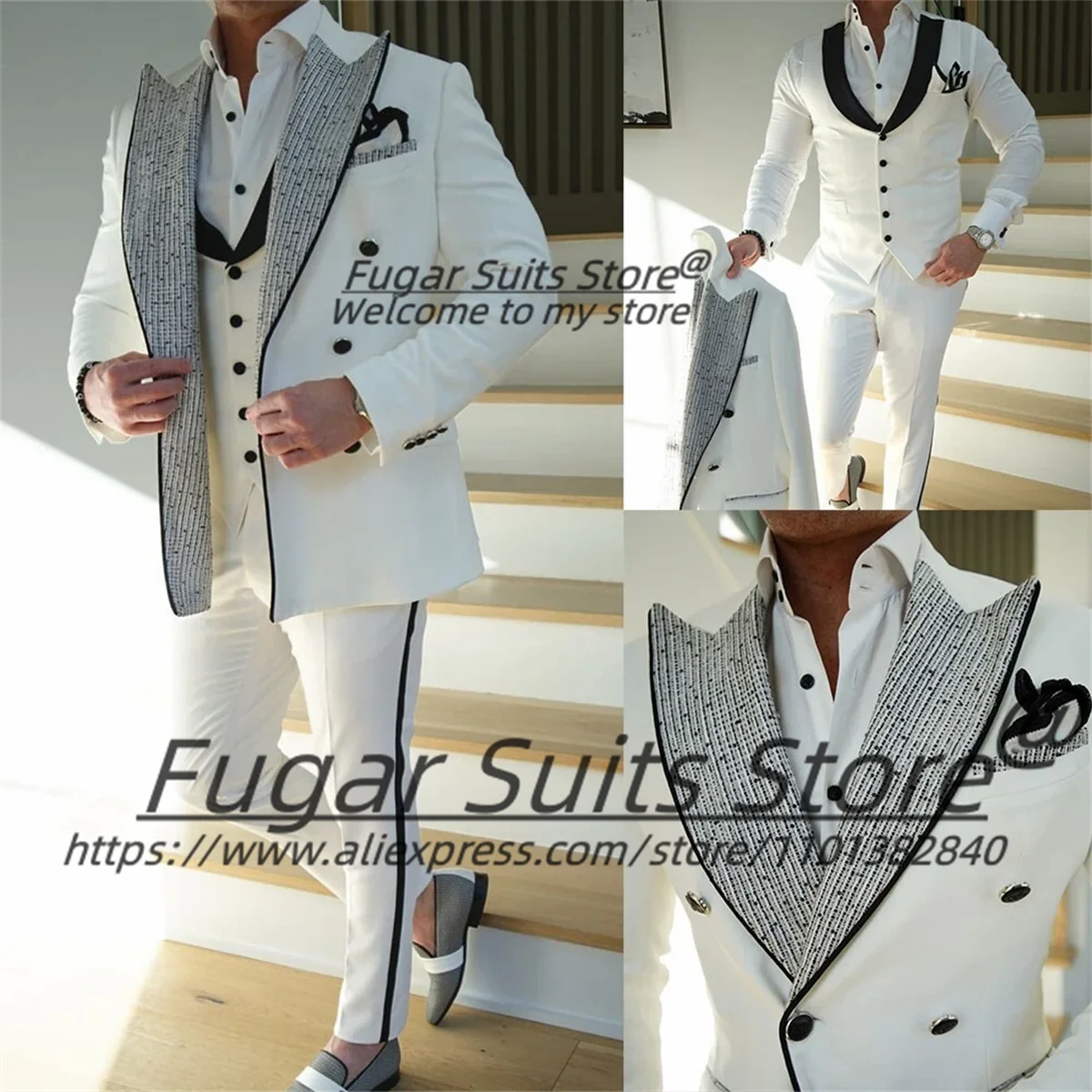 Magnificent Shiny Beadwork Men Suits Slim Fit Peak Lapel Groom Wedding Tuxedos Male Prom Blazers 3Pcs Sets Elegant Costume Homme