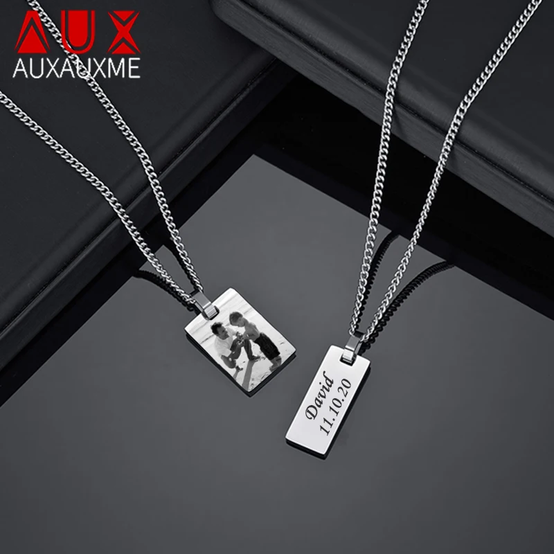 Auxauxme Custom Photo Name Rectangle Pendant Necklace Stainless Steel Laser Engraved Text Logol Jewelry Gifts Dropshipping