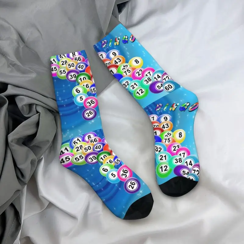 Homens e mulheres Bingo Bolas Vestido Meias, Novidade Paper Game Crew Socks, Moda Quente