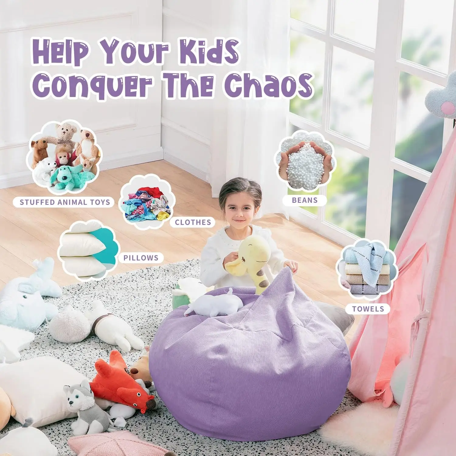Soft Corduroy Bean Bag Cover for Kids Adults Stuffed Toy Storage 200L No Filler
