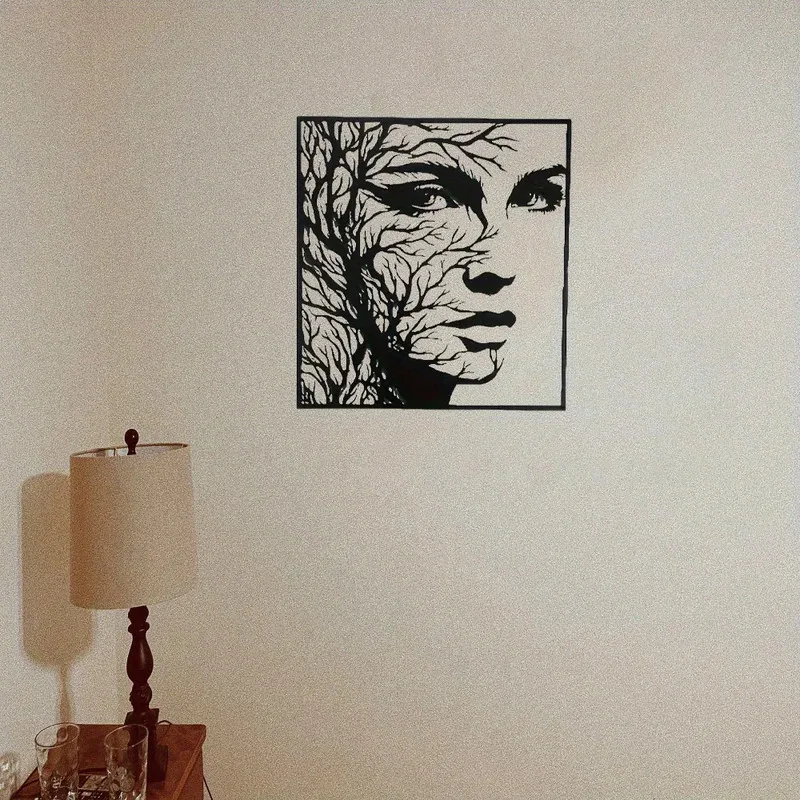 Hand-Forged Metal Wall Sculpture, Tree of Life with Flowing Branch and Face Motif, Modern Boho Style, Bedroom Decor