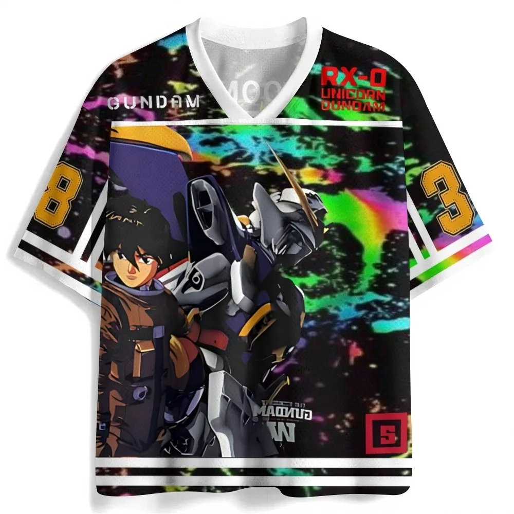 Bestselling Anime Gundam Double Sided Printed V-neck Loose Quick Drying Sweatshirt Street Trendy Family T-shirt