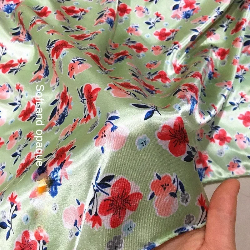 Printed Satin Fabric Per Meter for Dresses Pajamas Scarf Cheongsams Diy Sewing Needlework Cloth Smooth Soft Opaque Flower White