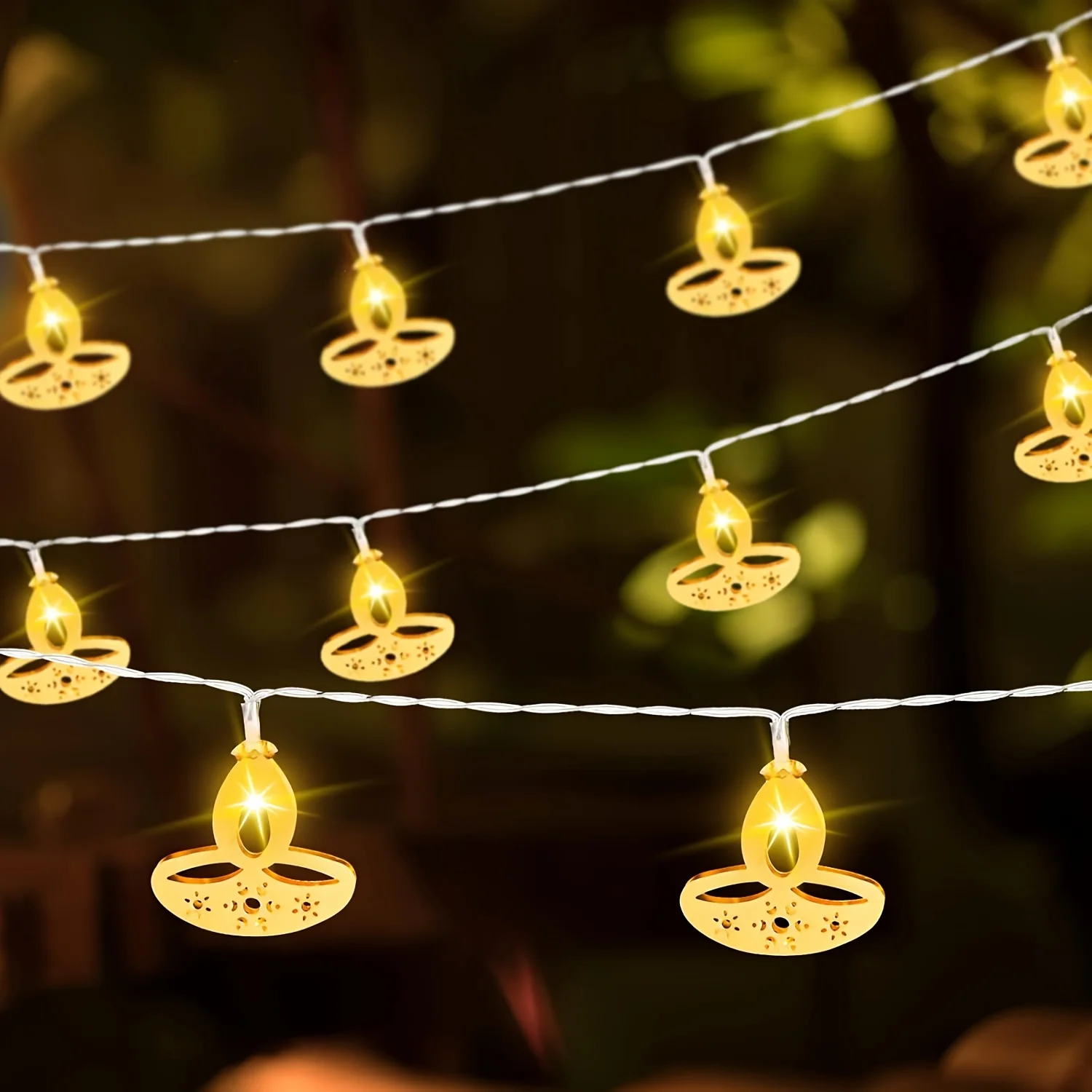 3m 20 LEDs Indian Oil Lamp Diya String Lights Gold Metal Fairy Light Battery Operated Hanging Garland Holiday Party Home Decor