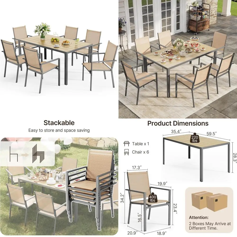 Conjunto de mesa e cadeiras de pátio para 6, conjunto de jantar ao ar livre inclui mesa de pátio retangular de 59,5" com orifício para guarda-chuva lateral e 6 têxteis