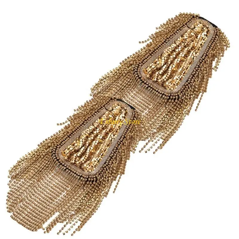 N58F Multiuse Crystal Chain Tassels Epaulette with Beads Studded for Various Occasion Stage Performances Formal Suit Epaulets