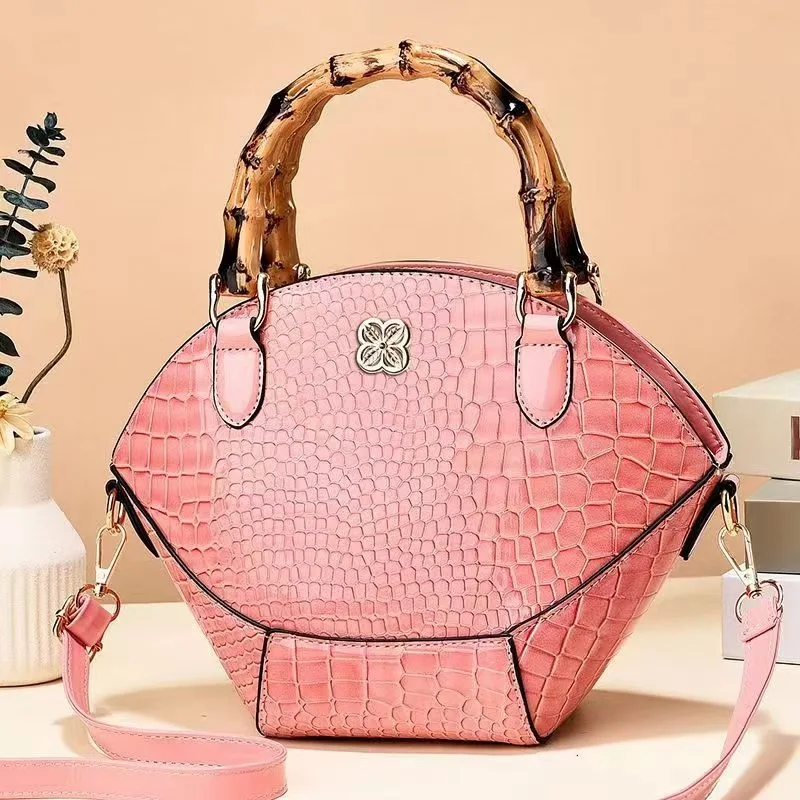 Luxury Designer Women Handbags Brand Pu Leather Vintage Bamboo Handle Women Totes Solid Large Capacity Crossbody Top-Handle Bags