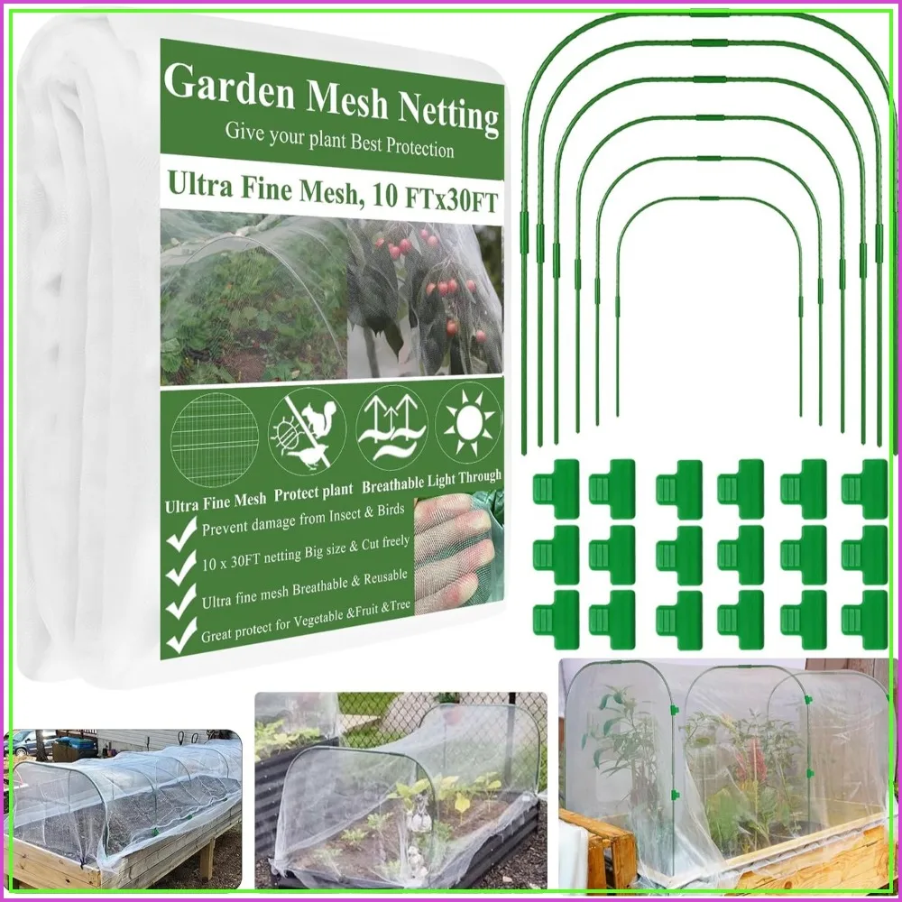 Ultra Fine Garden Mesh Netting Kit 10x30Ft with 6 Hoops & 18 Clips, Pest Barrier for Raised Beds, Plants & Trees