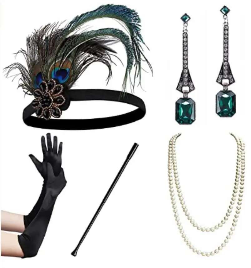 Conjunto de acessórios combinando vestido flapper vintage, fantasia de Charleston verde, grande Gatsby, faixa de penas, 2019