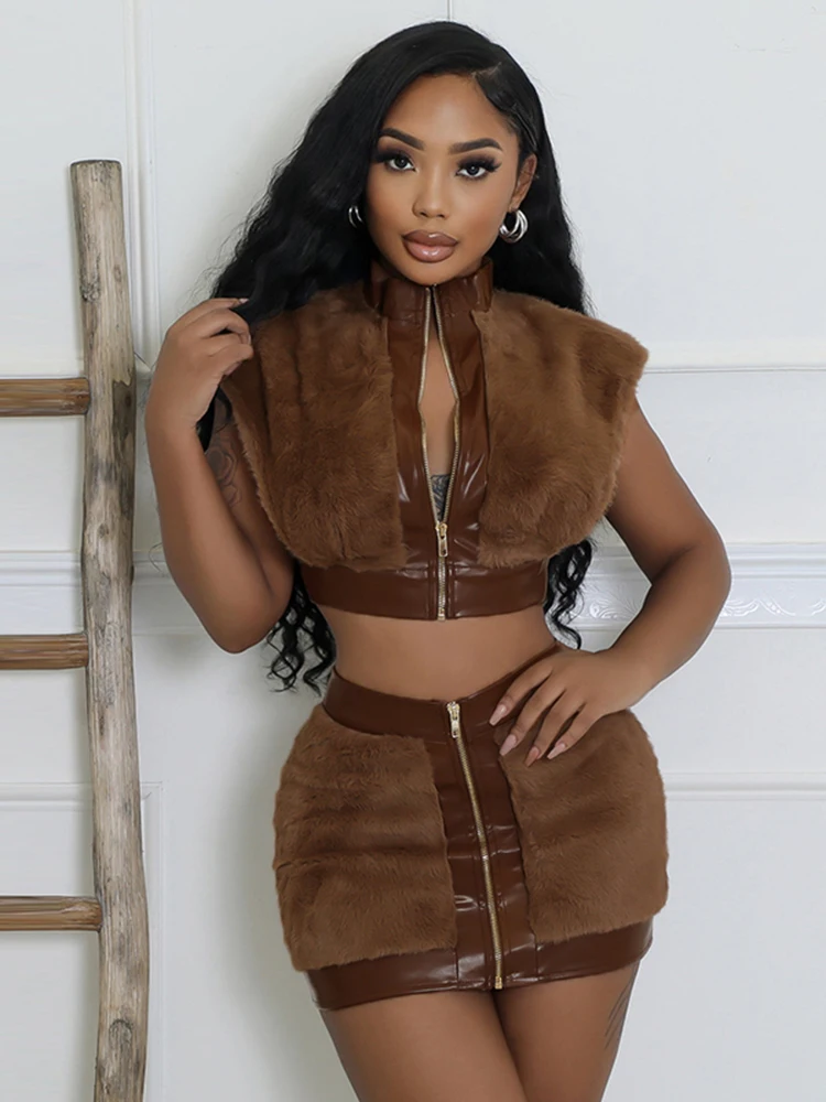 

kliou Feather Splice Women 2 Piece Set Classic Matching Streetwear Zip-up Crop Tanks+Slim Mini Skirts Female Trend Warmth Outfit