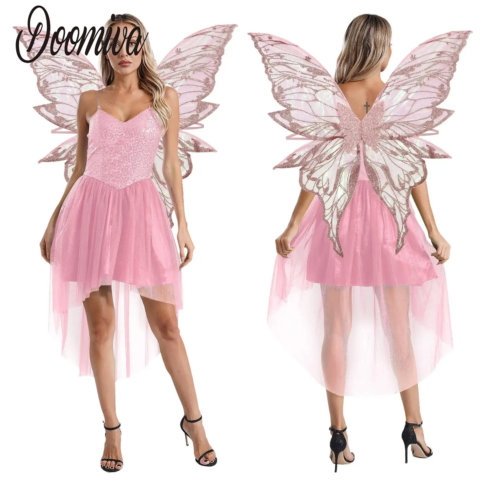 

Women Forest Fairy Cosplay Costume for Halloween Party Elf Dress-up Outfit Sleeveless Sequin High-low Tulle Dress and Elf Wings