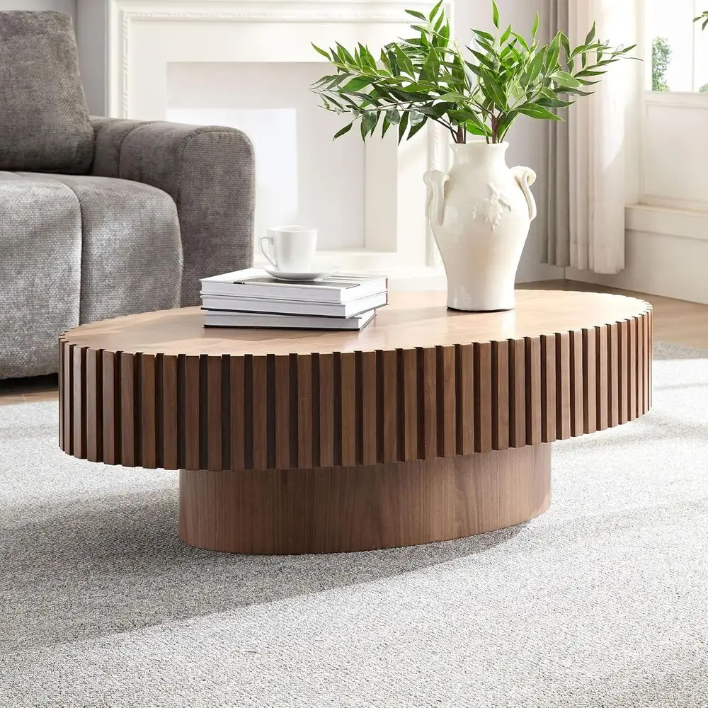 

43.7" Oval Coee Table, ern Luxury Wood Drum Center Table or Living Room, Handcrat Accent Side End Table or Aparent, 43.7"*24.8"*