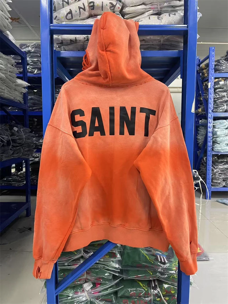 Autumn Winter SAINT Letter Printed Washed Vintage Hoodie Cotton High Street Casual Loose Versatile Hip-Hop Sports Sweatshirt