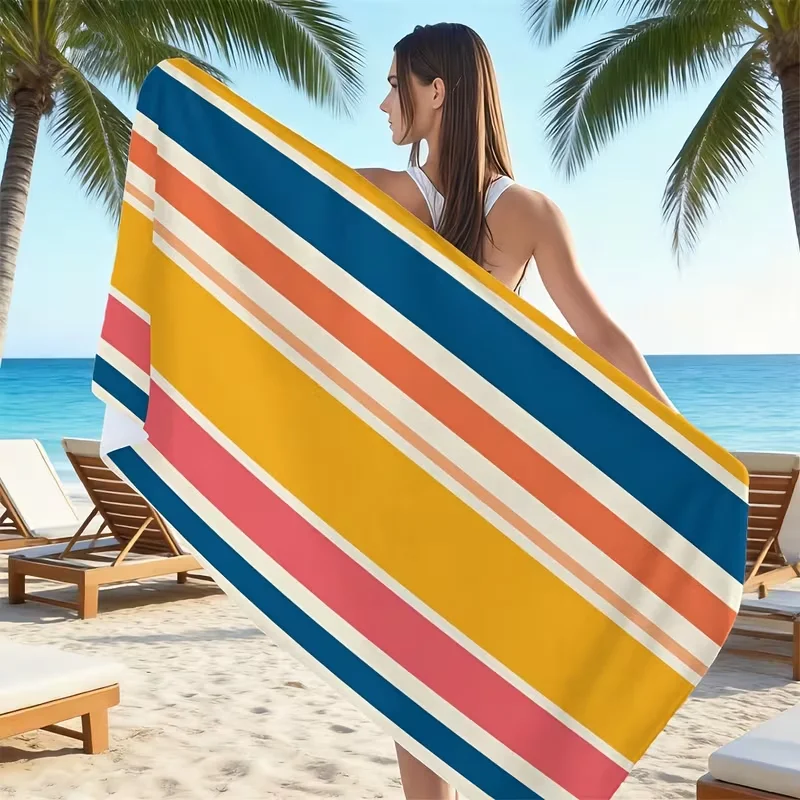Retro Geometric Brush Print Beach Towel Blue Gold Abstract Patchwork Soft Quick Dry Absorbent Large Swim Towel for Summer