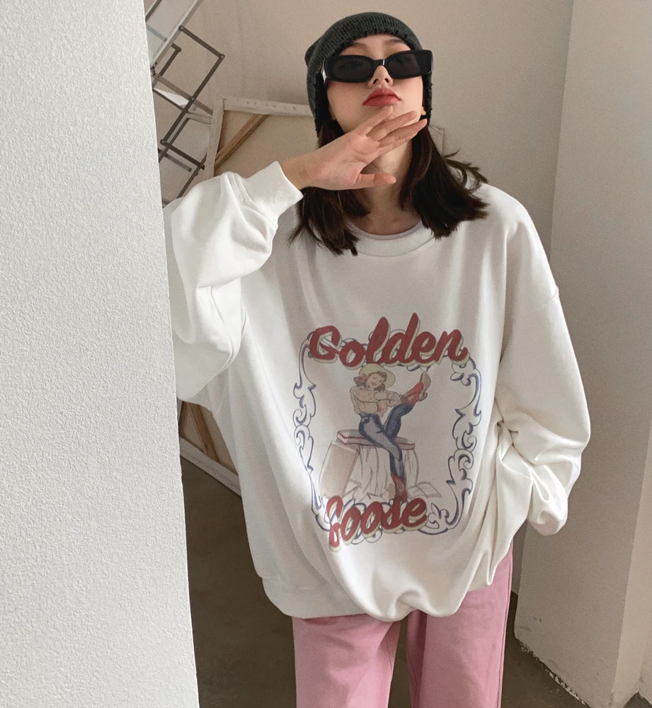 Vintage Kawaii Pattern Letter Printing Oversized Hoodies Women's Loose Pullover Mid Length Harajuku Sweatshirts Cheap Wholesale