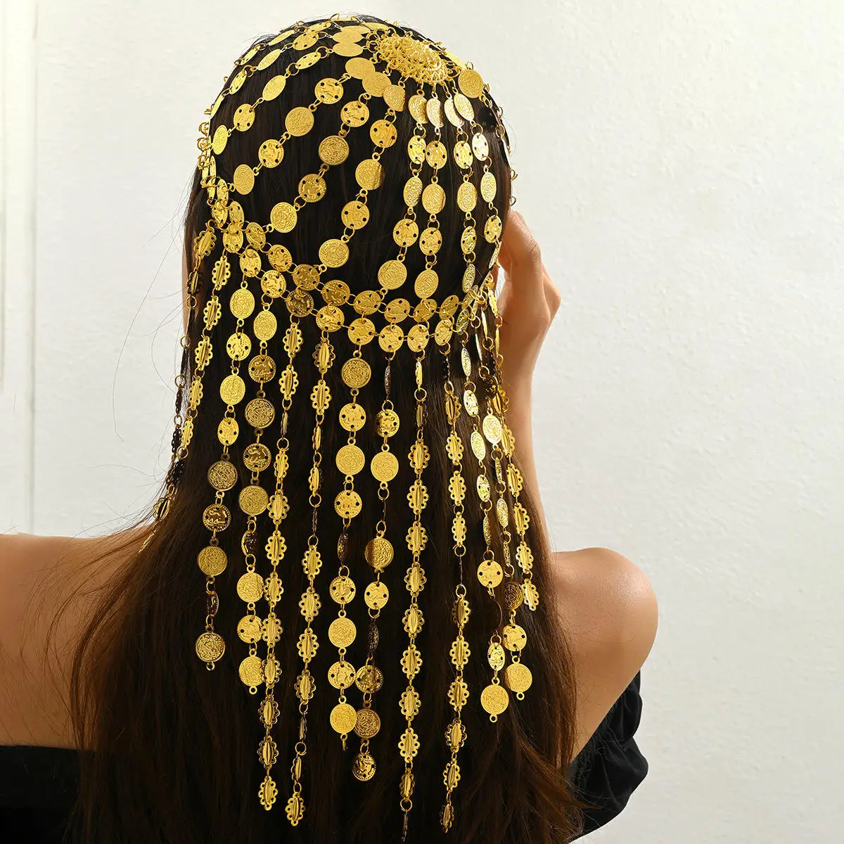 

Bohemian Ethnic Alloy Tassel Women's Head Cap Gold Coin Carving Head Chain Hat Hair Jewelry