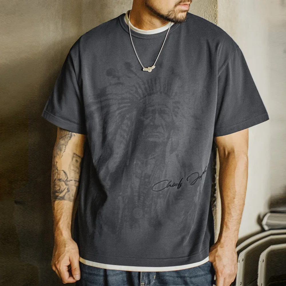 

Maden Vintage Heavyweight Navajo Print Short Sleeve T-Shirt Men's Summer Cotton Tee Letter Embroidered Loose Fit Crew Neck Tops