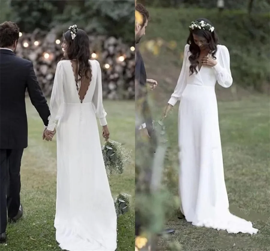 Simple Bohemian Country Wedding Dresses V-Neck Backless Long Sleeve Beach Plus Size Wedding Dress vestido de novia Cheap