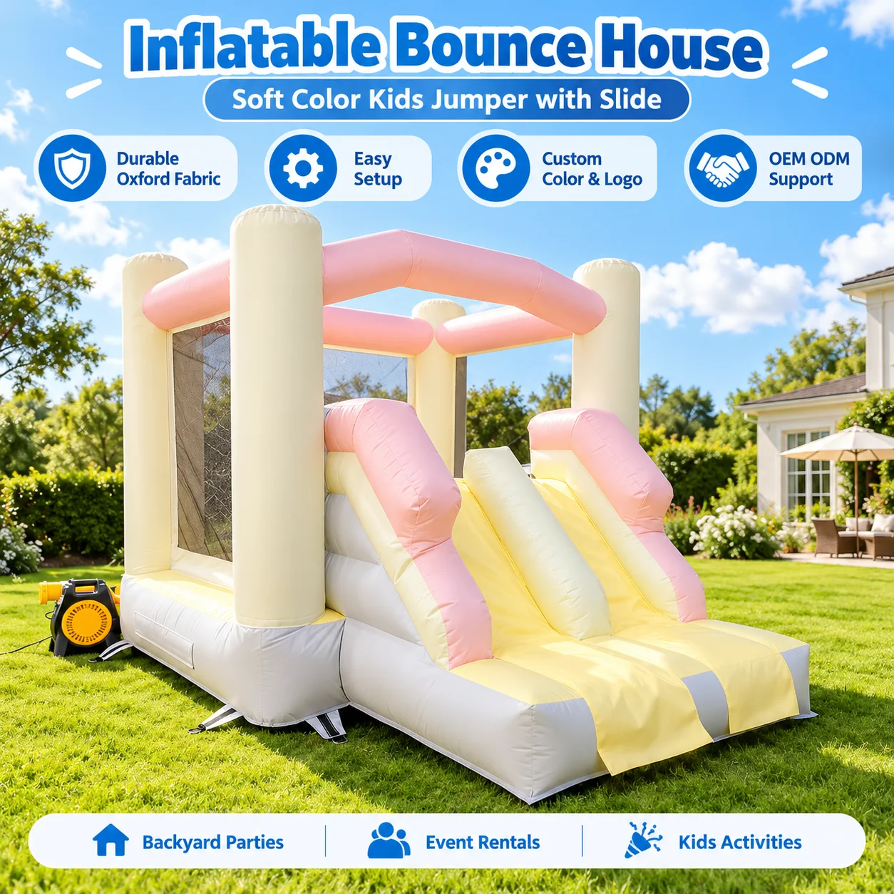 White Inflatable Bounce House, PVC Material, Easy Setup, 5-8 Kids Capacity, Wedding Party Entertainment
